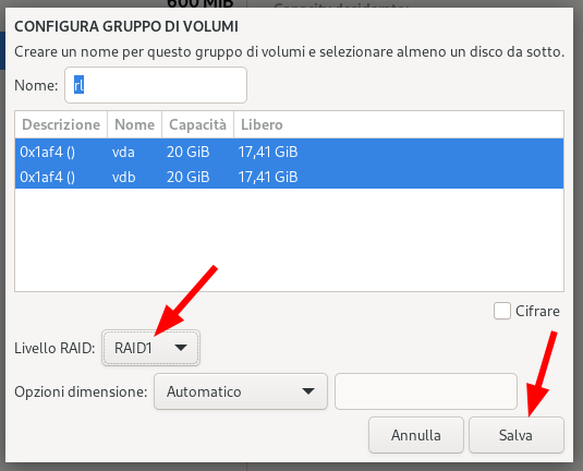 Imposta il volume group di swap su RAID1